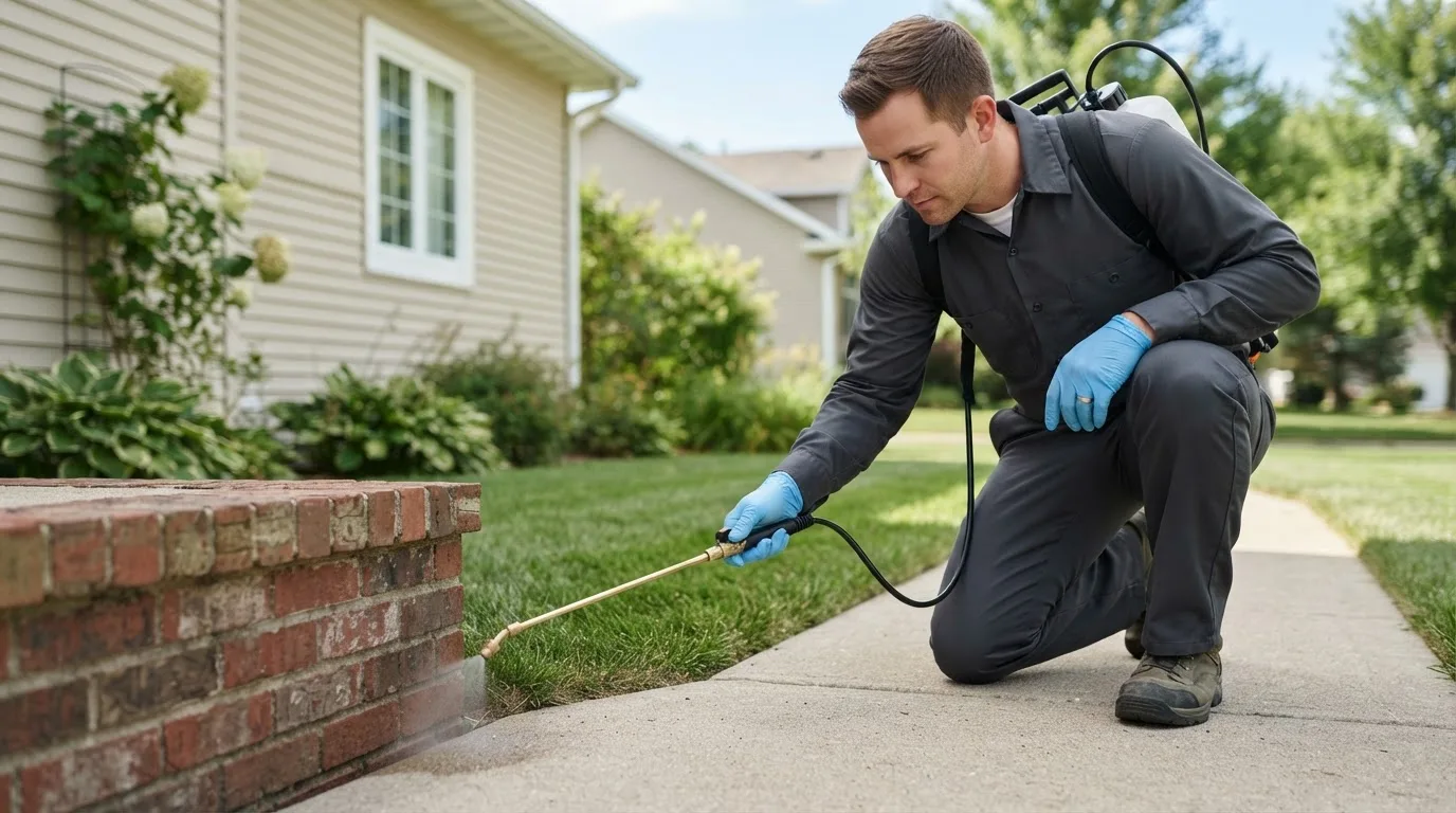 Pest control technician treating a home near Nuevo, CA